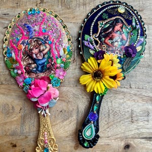 Handheld Mirror - Princess Theme, Handmade Gift for Her / Wife / Friend / Bridesmaid, Makeup / Hand / Vanity Mirror, Decorated Gems, Flowers