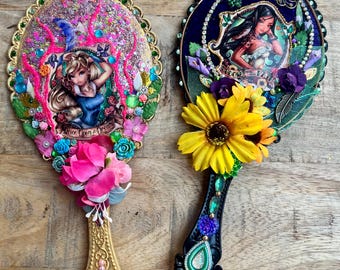 Handheld Mirror - Princess Theme, Handmade Gift for Her / Wife / Friend / Bridesmaid, Makeup / Hand / Vanity Mirror, Decorated Gems, Flowers