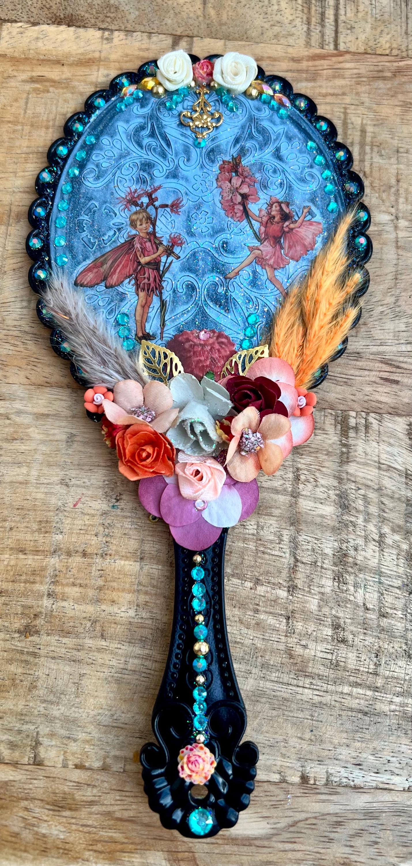 Hand Crafted Pink Floral Hummingbird Hand Mirror with Green Gems Handheld Mirror Bird, Flamingo: Decorated Gems and Flowers  main image 2