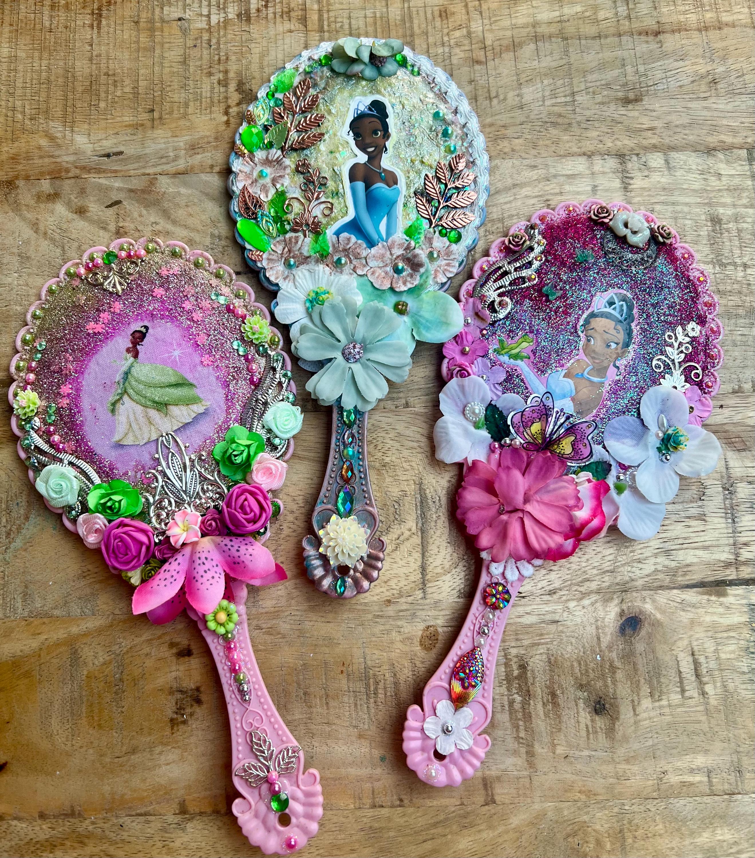 Handmade Tiana Princess Handheld Mirror: Gem and Flower Decorated