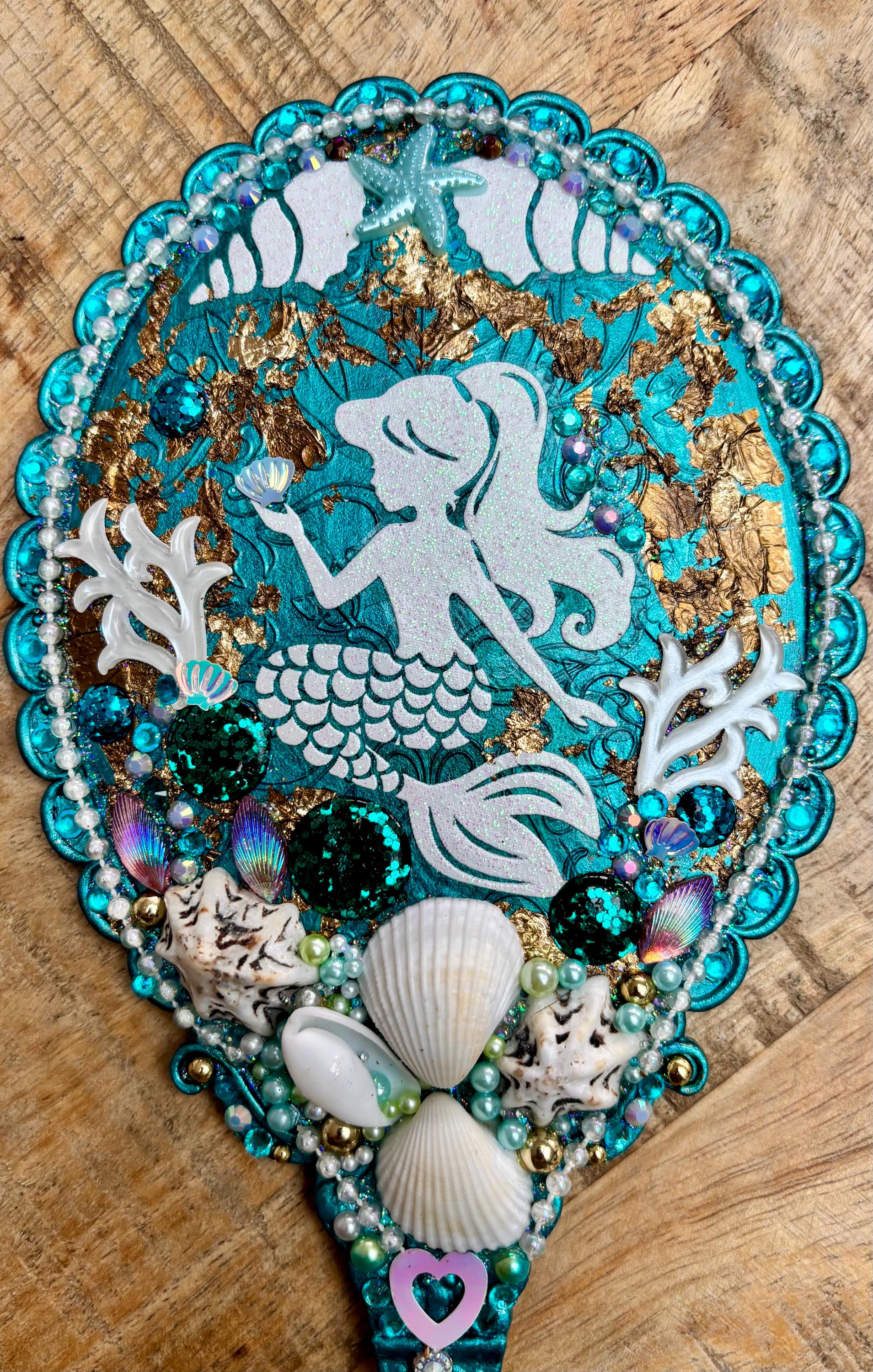 Mermaid Handheld Mirror: Handmade Gem and Shell Decorated Vanity