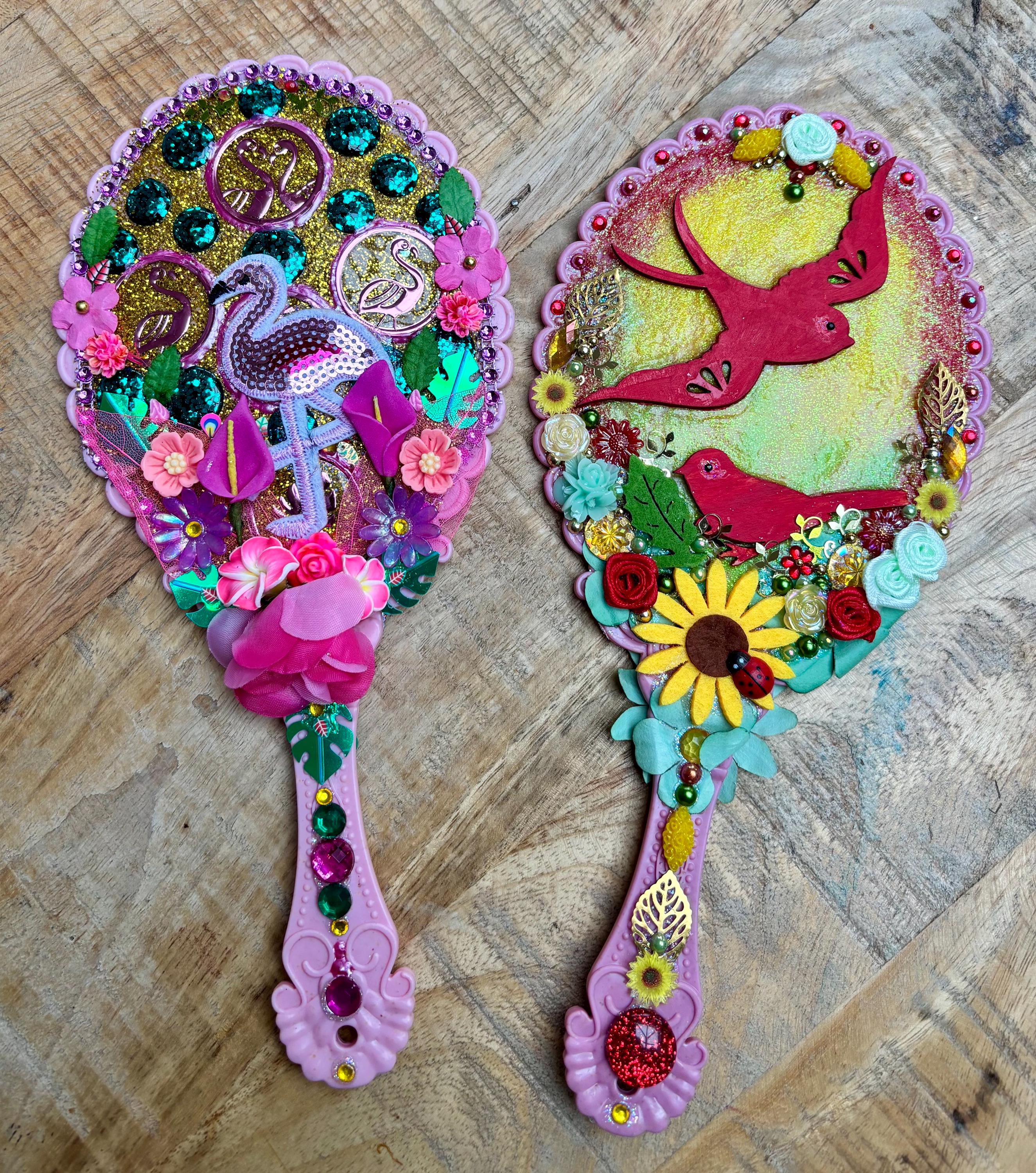 Handheld Mirror Bird, Flamingo: Decorated Gems and Flowers  display picture 2