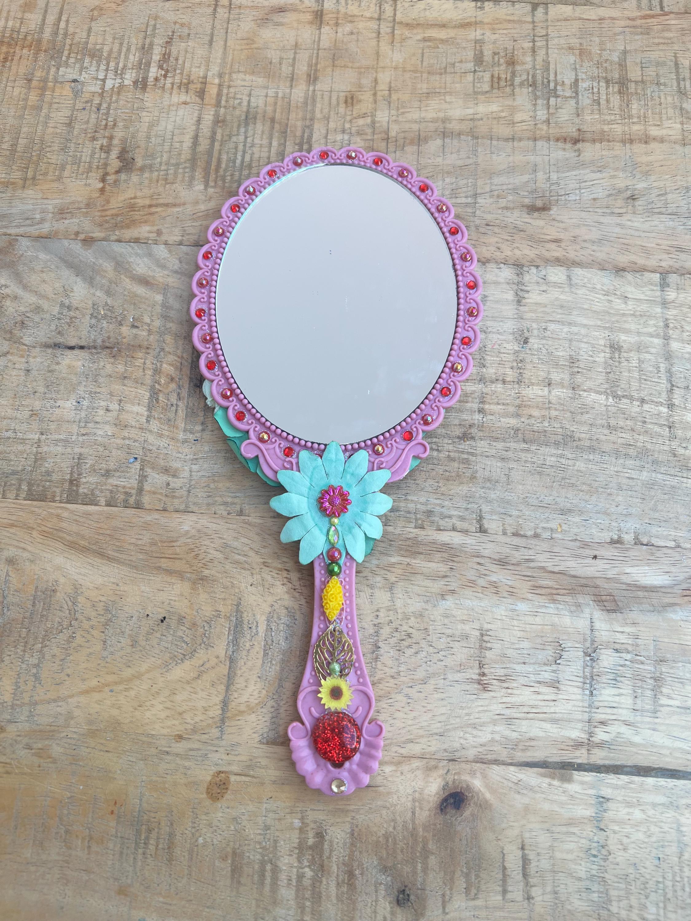 Handheld Mirror Bird, Flamingo: Decorated Gems and Flowers 