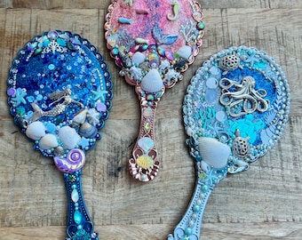 A Handheld Mirror - under the sea , Handmade Gift for Her / Wife / Friend / Bridesmaid, Makeup / Hand / Vanity Mirror/Decorated Gems/ shells