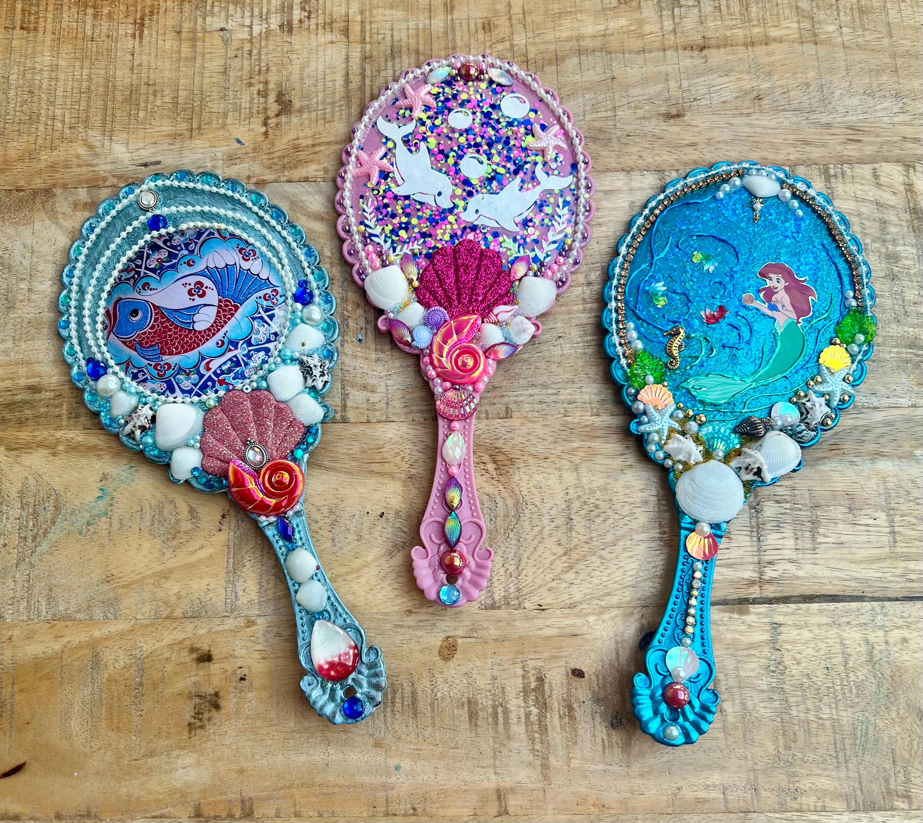 A Handheld Mirror - under the sea , Handmade Gift for Her / Wife / Friend / Bridesmaid, Makeup / Hand / Vanity Mirror/Decorated Gems/ shells