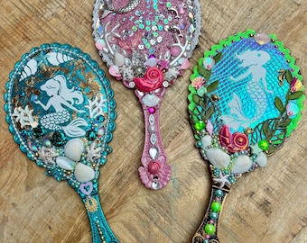 Mermaid Handheld Mirror: Handmade Gem and shell Decorated Vanity Mirror