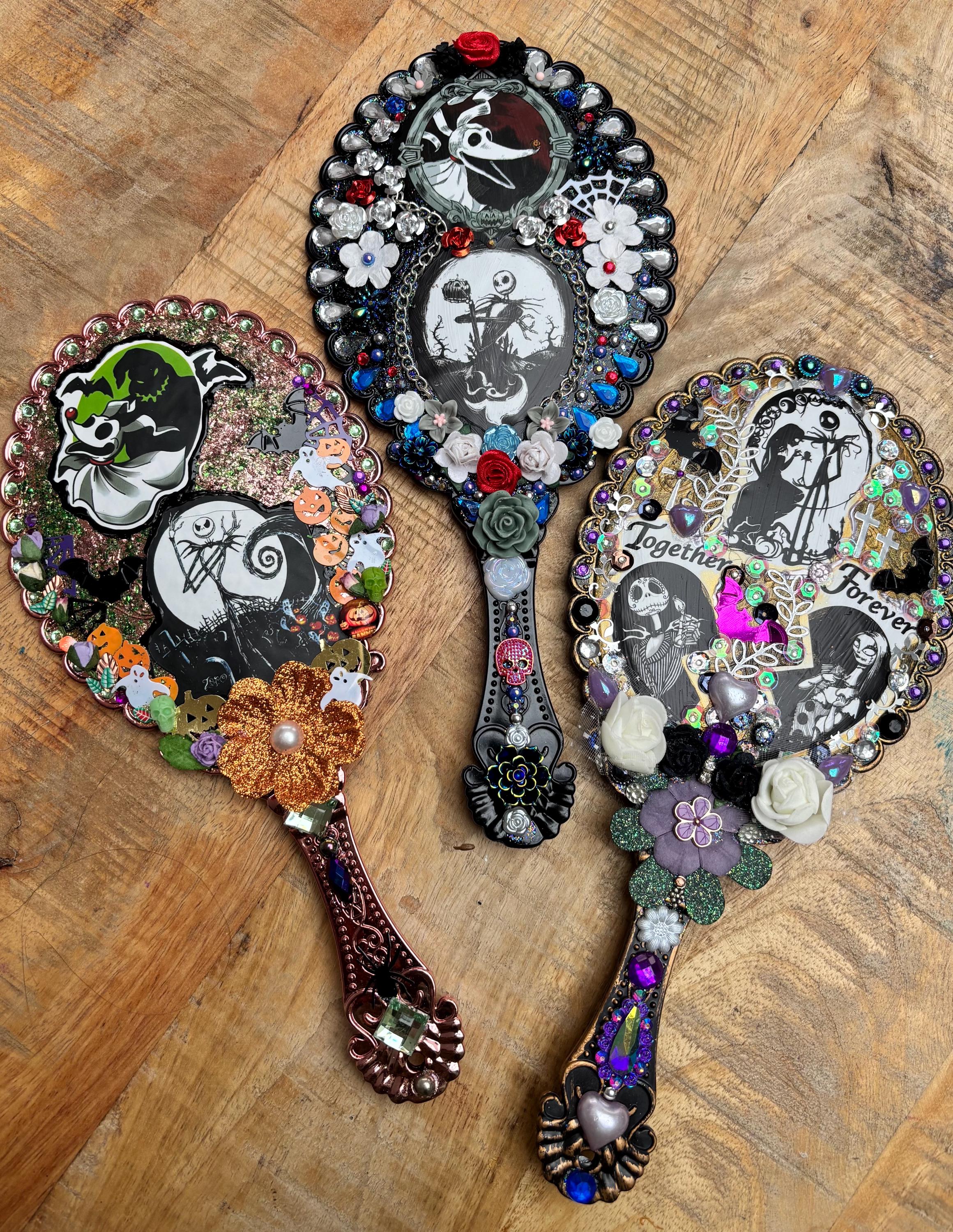 Jack Skellington Handheld Mirror, Decorated Gems and Flowers