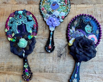 Maleficent Handheld Mirror: Handmade Gem and Flower Decorated Vanity Mirror