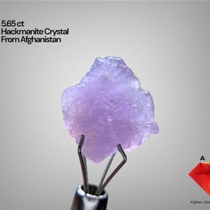 Puede incluir: Cristal de hackmanita de 5,65 ct de Afganistán, sujeto con pinzas metálicas. El cristal es de color morado claro y tiene una forma irregular. El texto de la imagen dice "5,65 ct Hackmanite Crystal From Afghanistan".