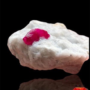 Puede incluir: Un espécimen de rubí de 155 ct que presenta un cristal en bruto de color rojo intenso y vibrante incrustado en una matriz blanca opaca y texturizada. El texto 155 ct Ruby Specimen aparece arriba y un logo rojo en forma de diamante con las letras AGS abajo.