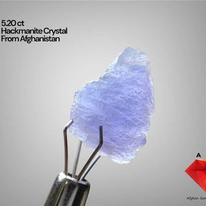 Puede incluir: Un cristal de Hackmanita de color púrpura claro de Afganistán, sostenido por unas pinzas metálicas. El cristal tiene una forma irregular y translúcida. El texto de la imagen dice "5.20 ct Hackmanite Crystal From Afghanistan". Un logotipo de diamante rojo con el texto "Afghan Gemstone Source" está en la parte inferior derecha.