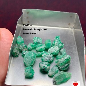 May include: A selection of rough emeralds, weighing 33.65 ct, presented in a metal tray. The emeralds are a vivid green, in various shapes and sizes. Text on the tray reads "Emerald Rough Lot From Swat".