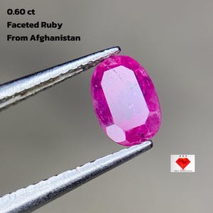 Puede incluir: Un rubí facetado de Afganistán, sujeto con pinzas. La gema de forma ovalada es de un color rojo rosado vibrante. El texto en la imagen dice: 0,60 ct, Rubí facetado, De Afganistán.