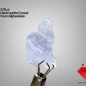 Puede incluir: Cristal de hackmanita translúcido, de color púrpura pálido, de Afganistán, sujeto con pinzas metálicas. El texto dice "5.75 ct Hackmanite Crystal From Afghanistan". El cristal tiene una forma rugosa e irregular y está iluminado desde atrás.