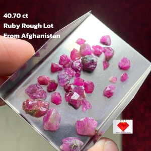 May include: A collection of rough-cut ruby gemstones, displayed on a silver tray. The rubies vary in size and shape, showcasing a vibrant pink and red color. Text on the image reads "40.70 ct Ruby Rough Lot From Afghanistan."