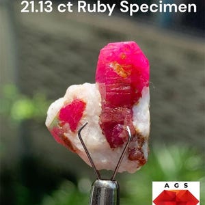 May include: A 21.13 ct ruby specimen featuring a vibrant, deep pinkish-red crystalline structure embedded within a white, textured mineral matrix. The raw gemstone is held by a metal tool, and the image includes the text 21.13 ct Ruby Specimen.