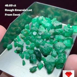Może przedstawiać: Kolekcja surowych szmaragdów o łącznej wadze 46,69 ct, prezentowana w małej metalowej tacy. Szmaragdy mają różne odcienie zieleni i naturalny, nieoszlifowany wygląd. Tekst na zdjęciu brzmi "Rough Emerald Lot From Swat."