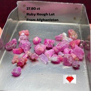 Puede incluir: Un lote de piedras preciosas de rubí en bruto, con un peso total de 27,80 quilates, expuesto en una bandeja metálica. El texto "Ruby Rough Lot From Afghanistan" es visible. Los rubíes son de varios tonos de rosa y rojo.
