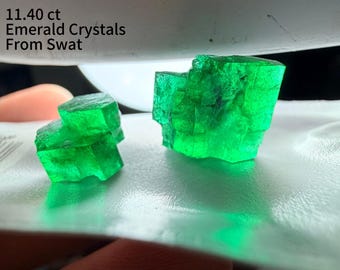Può includere: Sono mostrati tre cristalli di smeraldo verde brillante. Il più grande è etichettato come 11,40 ct. L'immagine mostra smeraldi grezzi non tagliati provenienti da Swat, Pakistan. Il testo recita "Emerald Crystals From Swat".