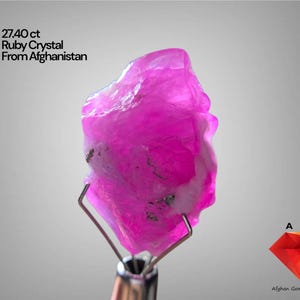 Puede incluir: Un vibrante cristal de rubí rosa de Afganistán, con un peso de 27,40 quilates, está sujeto por un soporte metálico. La gema tiene una calidad translúcida con inclusiones blancas y oscuras. La imagen también incluye el texto "AGS" y "Afghan Gemstone Source".