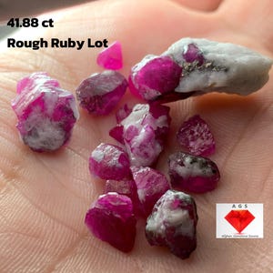 May include: A collection of rough ruby gemstones, with a total weight of 41.88 carats. The rubies are a vibrant pinkish-red color, some with white and gray matrix. The text "Rough Ruby Lot" is visible.