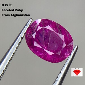 Peut inclure: Un rubis facetté de forme ovale, tenu par une pince. La pierre précieuse est d'un magenta profond, avec des facettes visibles. Le texte à gauche indique "0,75 ct Rubis Facetté D'Afghanistan."