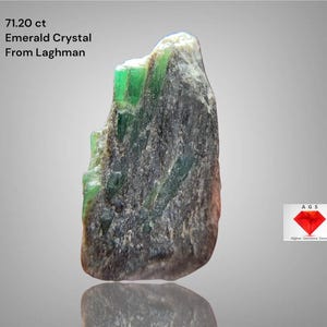 Pode incluir: Cristal de esmeralda bruto de Laghman, Afeganistão, pesando 71,20 quilates. A pedra preciosa apresenta uma mistura de tons cinza escuro e verde, com uma superfície texturizada. A imagem inclui o texto "71.20 ct Emerald Crystal From Laghman".