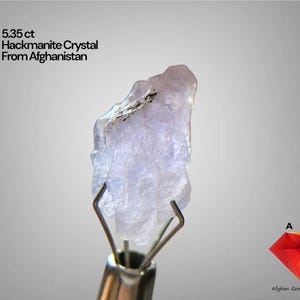 Puede incluir: Cristal de hackmanita translúcido de color púrpura claro de Afganistán, sujeto por una pinza metálica. El texto dice "5.35 ct Hackmanite Crystal From Afghanistan". El cristal tiene una forma irregular.