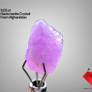 Puede incluir: Un cristal de Hackmanita de color púrpura claro de Afganistán, sujeto con pinzas metálicas. El cristal pesa 5,02 ct y tiene una textura natural rugosa. La imagen incluye el texto "5.02 ct Hackmanite Crystal From Afghanistan."