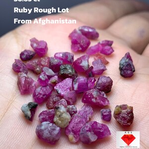 Puede incluir: Una colección de gemas de rubí en bruto, con un peso total de 7,33 gramos, exhibidas en una mano. Las piedras son de varios tonos de rosa y rojo. El texto de la imagen dice "Ruby Rough Lot From Afghanistan."
