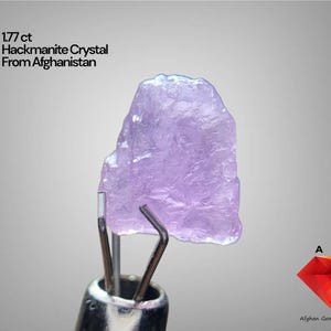 Puede incluir: Un cristal de Hackmanita de color púrpura claro de Afganistán, de 1,77 ct, se sujeta con unas pinzas metálicas. El cristal tiene una forma rugosa e irregular. El texto de la imagen dice "1,77 ct Hackmanite Crystal From Afghanistan".