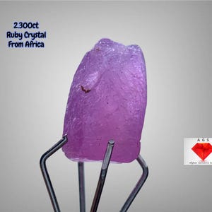 Puede incluir: Cristal de rubí rugoso de color púrpura claro, sujeto por pinzas metálicas. El texto "2.300ct Ruby Crystal From Africa" es visible. Un logotipo con un diamante rojo está en el fondo.