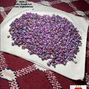 Könnte beinhalten: Ein Haufen rauer Rubin-Edelsteine, hauptsächlich in Rosa- und Lilatönen, liegt auf einem weißen Tuch. Das Bild enthält Text, der darauf hinweist, dass das Los 3656 ct wiegt und aus Afghanistan stammt. Ein Logo für Afghan Gemstone Source befindet sich in der Ecke.