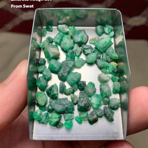 Puede incluir: Una colección de esmeraldas en bruto, con un peso total de 46,12 ct, exhibidas en una pequeña bandeja de metal. Las esmeraldas son de varios tonos de verde y tienen un aspecto natural y sin pulir. El texto en la imagen dice "Emerald Rough Lot From Swat."