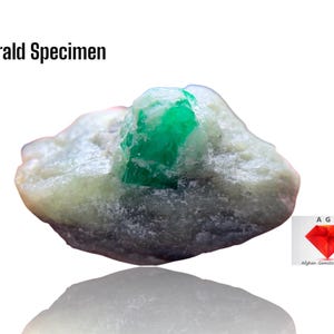 Może przedstawiać: Okaz szmaragdu z żywym zielonym kryształem osadzonym w jasnej skale. Tekst "Emerald Specimen" jest wyświetlany nad skałą. Obraz zawiera również logo z cennym czerwonym kamieniem i tekstem "Afghan Gemstone Source."