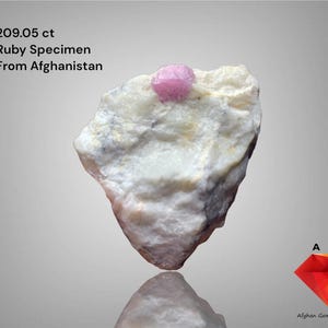 Könnte beinhalten: Ein Rubin-Exemplar aus Afghanistan mit 209,05 ct. Der rosafarbene Rubin liegt auf einem weißen und grauen Felsen. Das Bild enthält Text, der die Herkunft und das Gewicht des Edelsteins angibt. Die Felsformation spiegelt sich darunter.