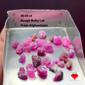 May include: A collection of rough ruby gemstones, with a total weight of 30.55 carats, presented in a metal tray. The rubies are various shades of pink and red, with some showing natural inclusions. Text on the tray reads "Rough Ruby Lot From Afghanistan."