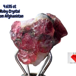 Puede incluir: Cristal de rubí en bruto de Afganistán, con un peso de 4,635 ct. La gema es de color rojo intenso con zonas más claras y una textura natural rugosa. Se sujeta con un soporte metálico sobre un fondo blanco.