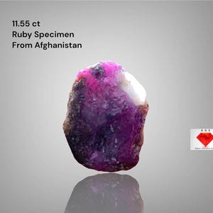 May include: A raw ruby specimen from Afghanistan, weighing 11.55 ct. The gemstone displays a mix of deep purple, pink, and white hues. The image includes text that reads "11.55 ct Ruby Specimen From Afghanistan."