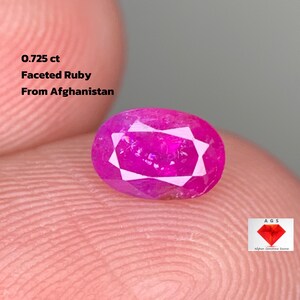 Puede incluir: Un rubí facetado de forma ovalada de Afganistán, con un peso de 0,725 ct. La gema es de un color rosa-rojo vibrante con múltiples facetas. La imagen también incluye el texto "0.725 ct Faceted Ruby From Afghanistan".