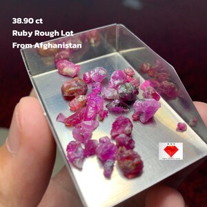 May include: A collection of rough ruby gemstones, with a total weight of 38.90 carats, displayed in a small metal tray. The text on the image reads "Ruby Rough Lot From Afghanistan."