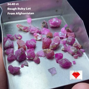 May include: A collection of rough ruby gemstones, with a total weight of 34.40 carats, presented in a metal tray. The text on the tray reads "Rough Ruby Lot From Afghanistan". The rubies are various shades of pink and red.