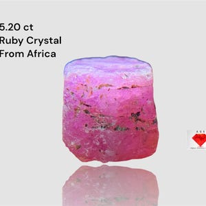 Puede incluir: Cristal de rubí en bruto de África, con un peso de 5,20 quilates. La gema muestra un degradado de tonos rosas y morados. La superficie rugosa del cristal es visible, con un ligero reflejo debajo.