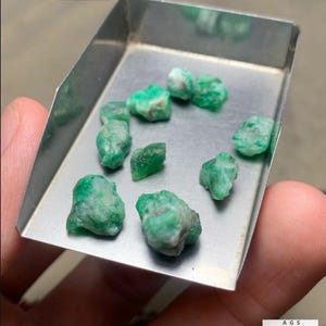 Puede incluir: Una colección de piedras preciosas de esmeralda verde en bruto que suman 33,35 ct de Swat, exhibidas en una pequeña pala de metal rectangular. Las piedras tienen formas irregulares con diversos tonos de verde e inclusiones de color blanco.
