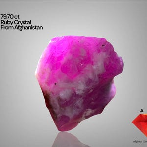 Puede incluir: Un vibrante cristal de rubí en bruto de Afganistán, con un peso de 79,70 ct. La gema muestra un rico tono rosa con inclusiones blancas más claras. La imagen también incluye el texto "Ruby Crystal From Afghanistan".