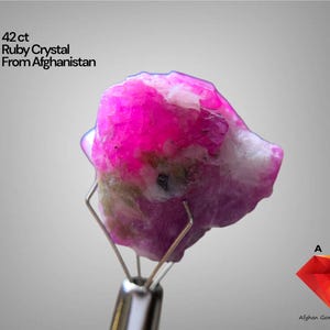 Puede incluir: Cristal de rubí rosa vibrante de 42 ct, procedente de Afganistán. La gema, sujeta por una pinza metálica plateada, muestra una forma irregular y textura natural. El texto "42 ct Ruby Crystal From Afghanistan" también está presente.
