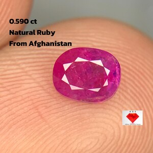 Puede incluir: Una piedra preciosa de rubí natural de Afganistán, con un peso de 0,590 ct. La gema de forma ovalada es de un rojo rosado vibrante con un patrón de estrella blanca en el centro. El texto "Natural Ruby From Afghanistan" es visible.