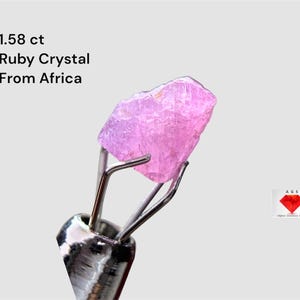 Puede incluir: Un cristal de rubí rosa rugoso de África es sostenido por una herramienta de metal. El texto de la imagen dice "1.58 ct Ruby Crystal From Africa". Un pequeño logotipo con un diamante rojo está en la esquina inferior derecha.