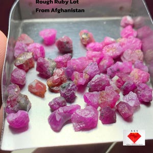 Könnte beinhalten: Eine Sammlung roher Rubin-Edelsteine mit einem Gesamtgewicht von 51,65 ct, präsentiert in einer kleinen Metallschale. Die Rubine sind in verschiedenen Rosa- und Rottönen gehalten. Der Text auf dem Bild lautet "Rough Ruby Lot From Afghanistan."