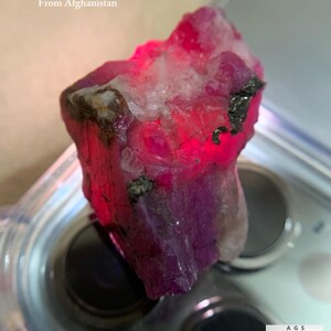 Puede incluir: Un espécimen de rubí en bruto de Afganistán, con un peso de 94,70 ct. La gema muestra un vibrante tono rojo y rosa con áreas de inclusiones blancas y oscuras. Se aprecia la forma rugosa y natural del rubí.